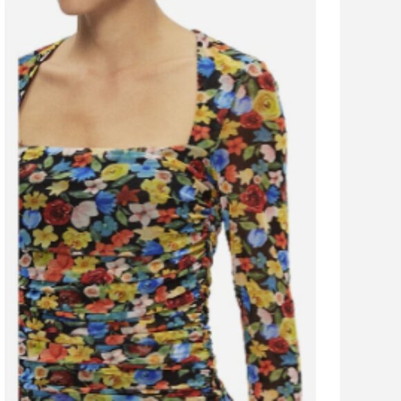 GANNI Colorful Floral SquareNeck Long Sleeve Ruched Stretch Mesh Midi Dress Sz L - Picture 2 of 15